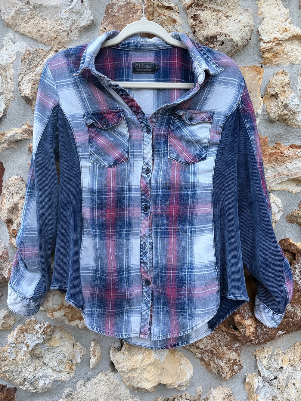 Ci Sono plaid collection acid washed button down plaid shirt